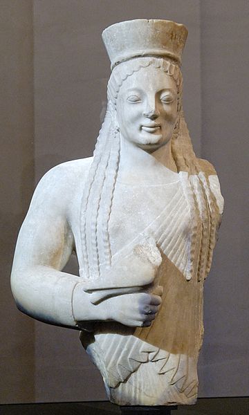Lyons Kore ca 540s BCE wearing himation and chiton Pentelic Marble  Museum of Fine Arts Lyon  H1993 